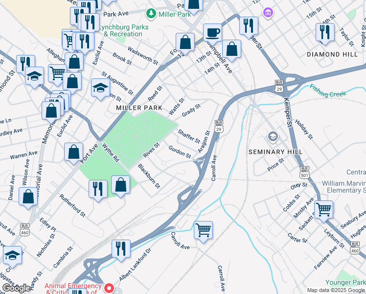 map of restaurants, bars, coffee shops, grocery stores, and more near 1621 Callaham Street in Lynchburg