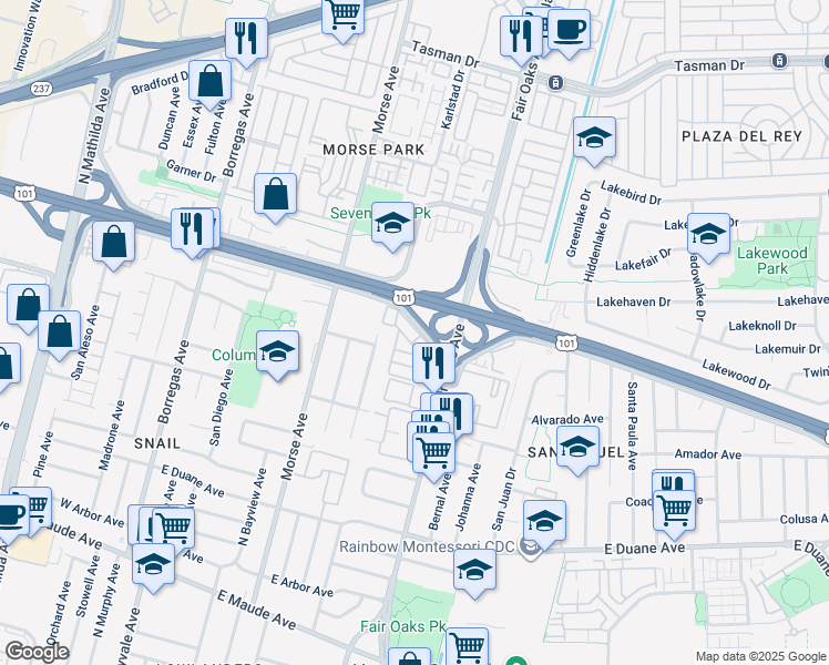 map of restaurants, bars, coffee shops, grocery stores, and more near 580 Ahwanee Avenue in Sunnyvale