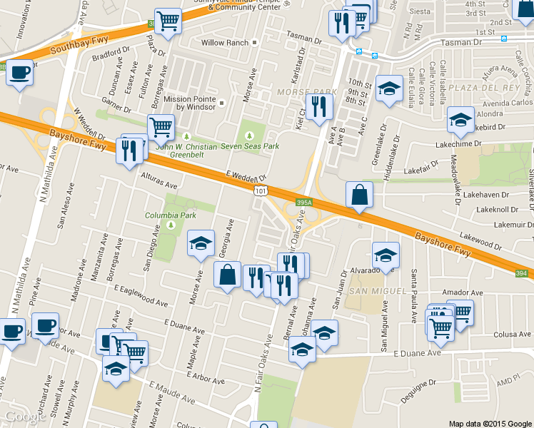 map of restaurants, bars, coffee shops, grocery stores, and more near 580 Ahwanee Avenue in Sunnyvale