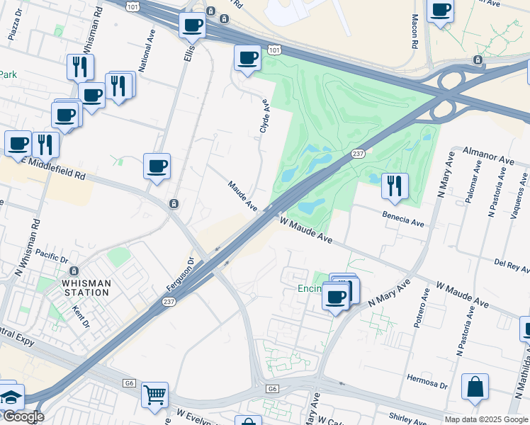map of restaurants, bars, coffee shops, grocery stores, and more near S Bay Fwy in Mountain View