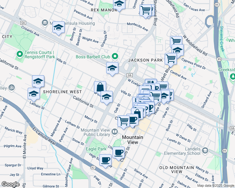 map of restaurants, bars, coffee shops, grocery stores, and more near 1157 Villa Street in Mountain View