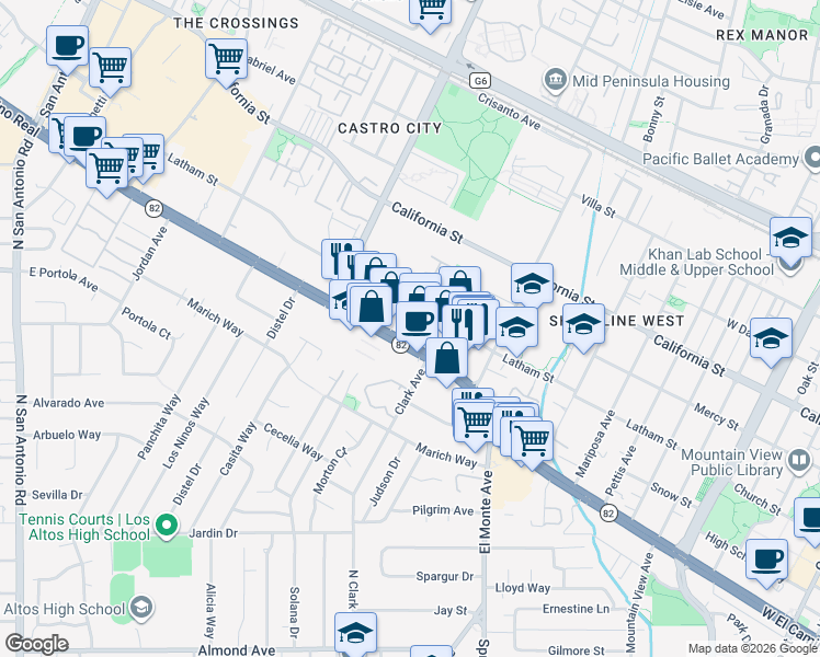 map of restaurants, bars, coffee shops, grocery stores, and more near 1980 West El Camino Real in Mountain View