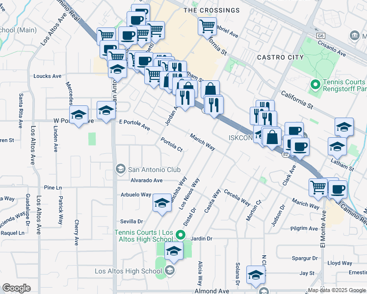 map of restaurants, bars, coffee shops, grocery stores, and more near 290 Portola Court in Los Altos