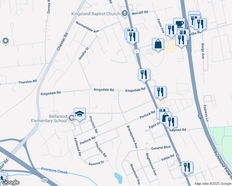 map of restaurants, bars, coffee shops, grocery stores, and more near 2801 Kingsdale Road in Richmond