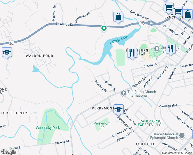 map of restaurants, bars, coffee shops, grocery stores, and more near 1146 Stratford Road in Lynchburg