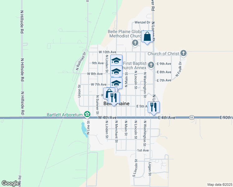 map of restaurants, bars, coffee shops, grocery stores, and more near 614 North Merchant Street in Belle Plaine