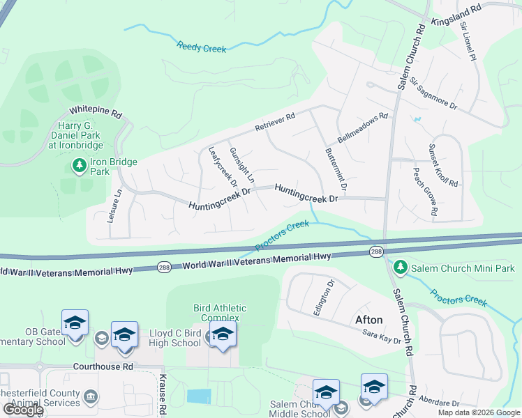 map of restaurants, bars, coffee shops, grocery stores, and more near 8918 Huntingcreek Place in Richmond