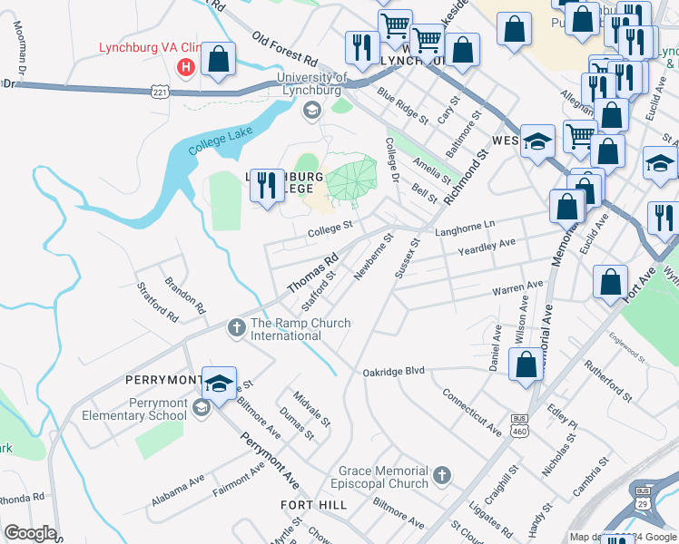 map of restaurants, bars, coffee shops, grocery stores, and more near 413 Stafford Street in Lynchburg