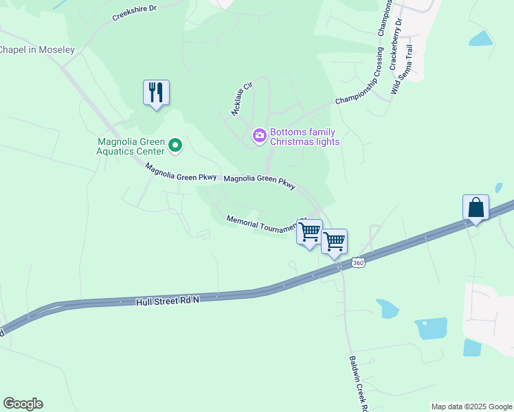 map of restaurants, bars, coffee shops, grocery stores, and more near 17504 Wynstone Park Lane in Moseley