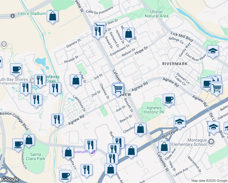 map of restaurants, bars, coffee shops, grocery stores, and more near 4342 Davis St in Santa Clara