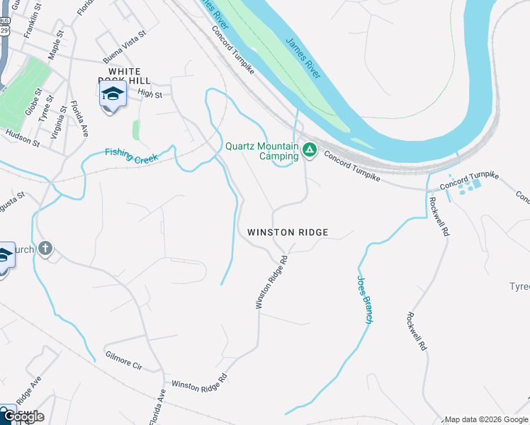 map of restaurants, bars, coffee shops, grocery stores, and more near 3039 Hillview Street in Lynchburg