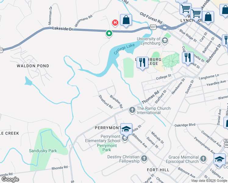 map of restaurants, bars, coffee shops, grocery stores, and more near 1207 Shirley Rd in Lynchburg