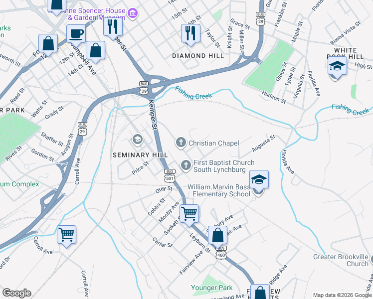 map of restaurants, bars, coffee shops, grocery stores, and more near 2356 Holiday Street in Lynchburg