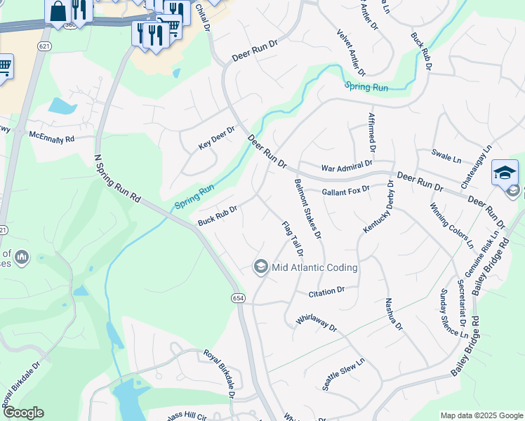 map of restaurants, bars, coffee shops, grocery stores, and more near 14200 Flag Tail Way in Midlothian