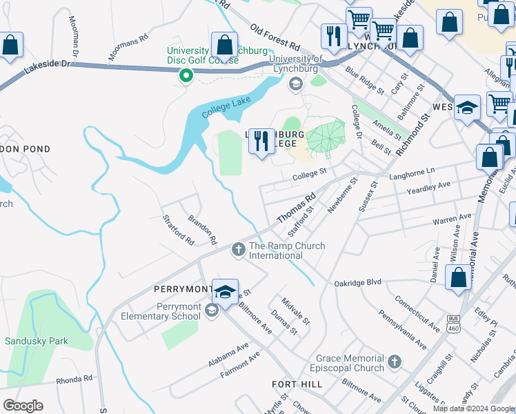 map of restaurants, bars, coffee shops, grocery stores, and more near 1117 McCausland Street in Lynchburg
