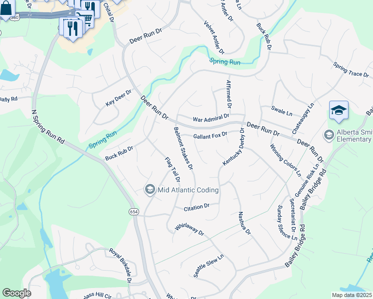 map of restaurants, bars, coffee shops, grocery stores, and more near 7619 Belmont Stakes Drive in Midlothian