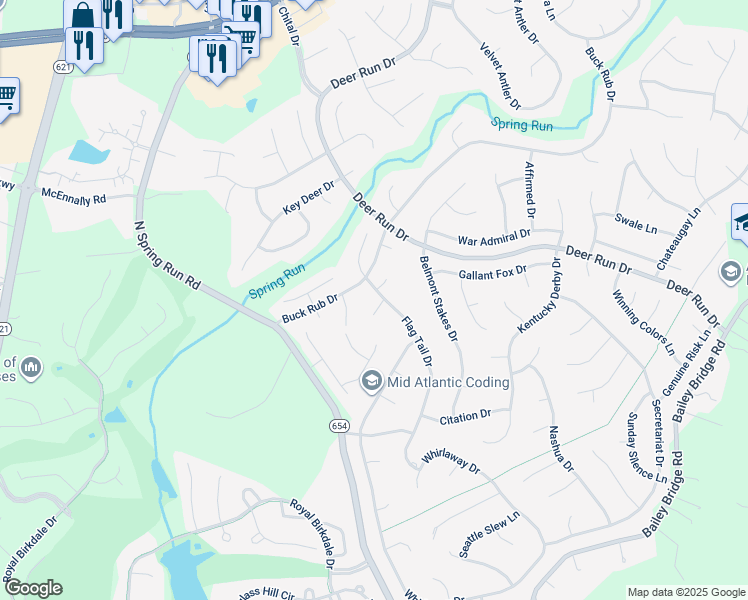 map of restaurants, bars, coffee shops, grocery stores, and more near 14200 Flag Tail Way in Midlothian