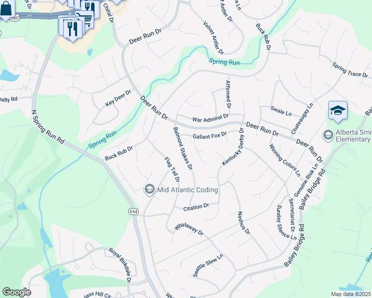 map of restaurants, bars, coffee shops, grocery stores, and more near 7619 Belmont Stakes Drive in Midlothian