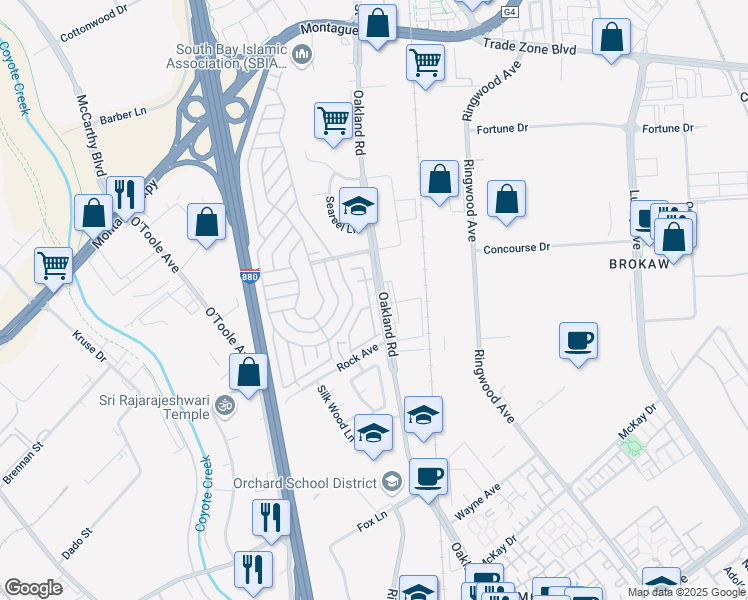 map of restaurants, bars, coffee shops, grocery stores, and more near 2091 Oakland Road in San Jose