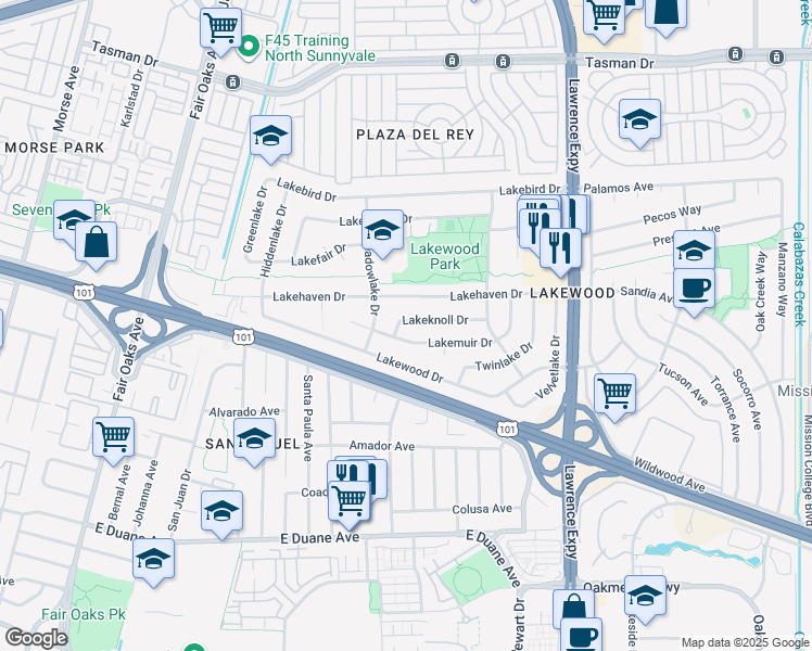 map of restaurants, bars, coffee shops, grocery stores, and more near 772 Lakeknoll Drive in Sunnyvale