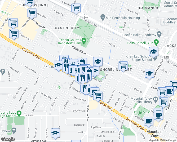 map of restaurants, bars, coffee shops, grocery stores, and more near 574 Escuela Avenue in Mountain View