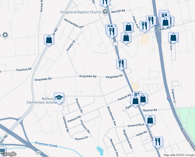 map of restaurants, bars, coffee shops, grocery stores, and more near 2801 Kingsdale Road in Richmond