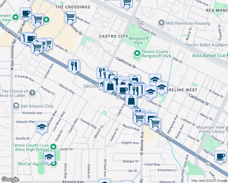 map of restaurants, bars, coffee shops, grocery stores, and more near 2020 California 82 in Mountain View