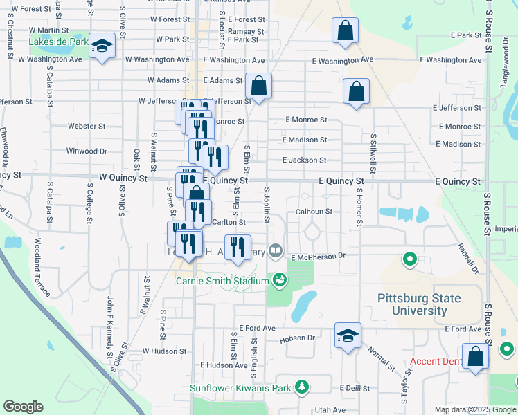 map of restaurants, bars, coffee shops, grocery stores, and more near 214 East Bellville Street in Pittsburg
