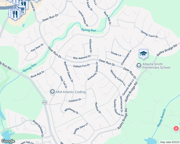 map of restaurants, bars, coffee shops, grocery stores, and more near 7514 Gallant Fox Terrace in Midlothian