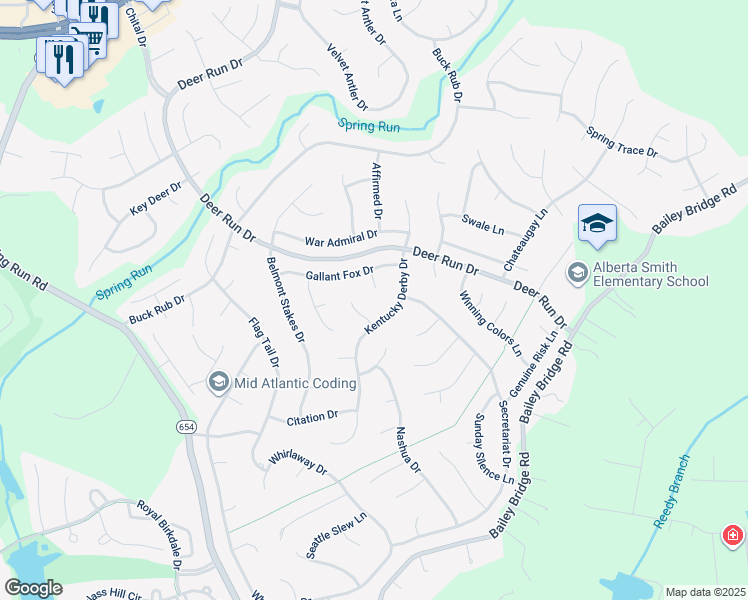 map of restaurants, bars, coffee shops, grocery stores, and more near 7514 Gallant Fox Terrace in Midlothian