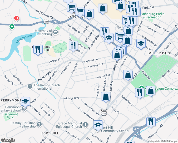 map of restaurants, bars, coffee shops, grocery stores, and more near 318 Westover Boulevard in Lynchburg