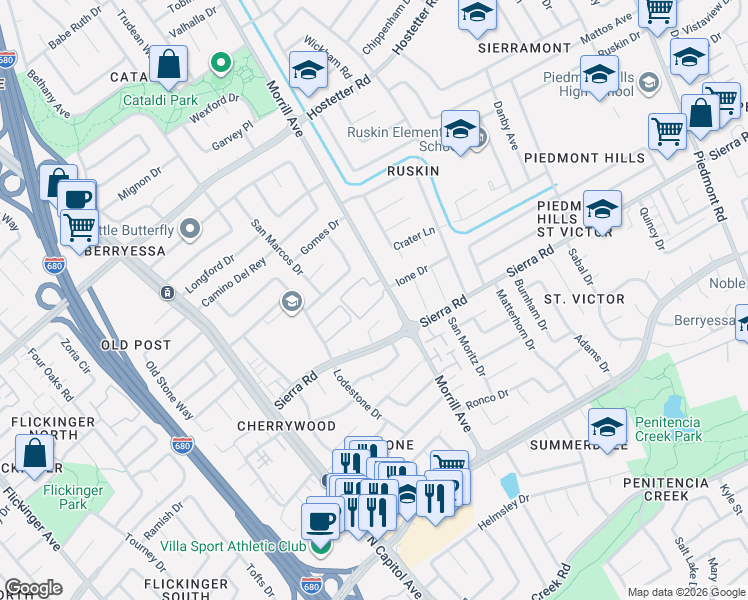map of restaurants, bars, coffee shops, grocery stores, and more near 2716 Somerset Park Circle in San Jose