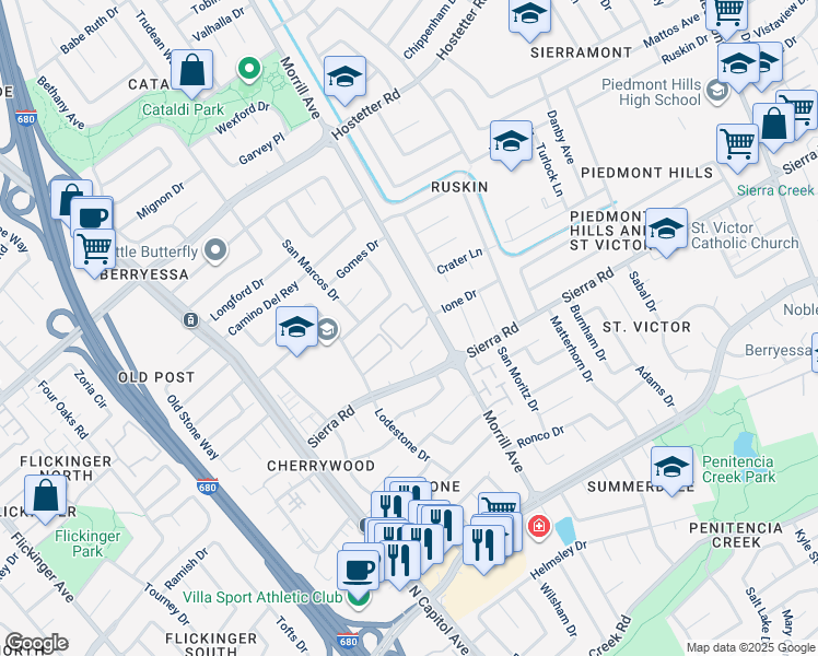 map of restaurants, bars, coffee shops, grocery stores, and more near 2716 Somerset Park Circle in San Jose