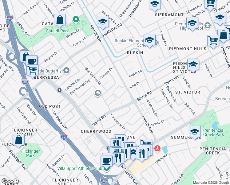 map of restaurants, bars, coffee shops, grocery stores, and more near 2716 Somerset Park Circle in San Jose