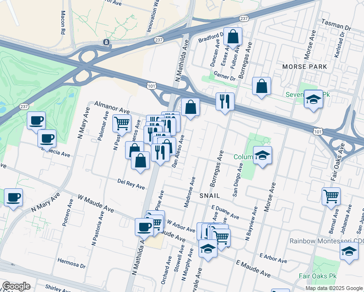map of restaurants, bars, coffee shops, grocery stores, and more near 751 Santa Cecilia Terrace in Sunnyvale