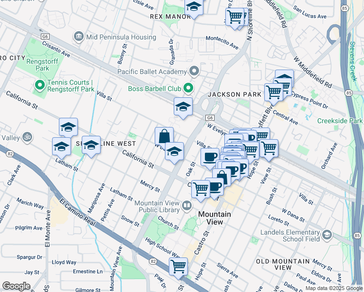 map of restaurants, bars, coffee shops, grocery stores, and more near 1157 Villa Street in Mountain View
