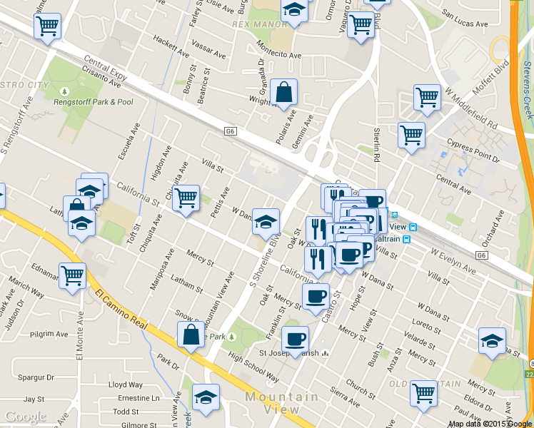 map of restaurants, bars, coffee shops, grocery stores, and more near 285 Mountain View Avenue in Mountain View