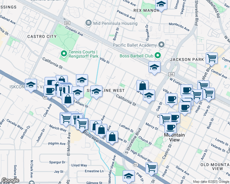 map of restaurants, bars, coffee shops, grocery stores, and more near 398 Mariposa Avenue in Mountain View