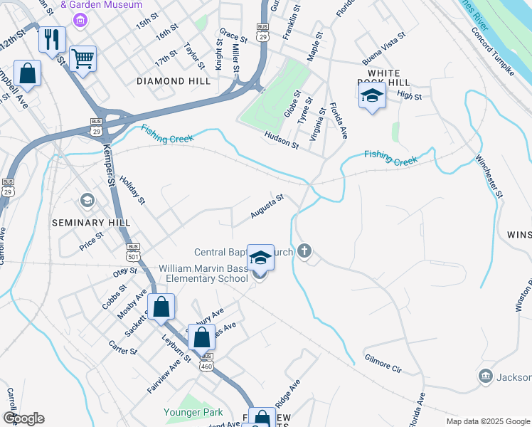 map of restaurants, bars, coffee shops, grocery stores, and more near 1530 Augusta Street in Lynchburg