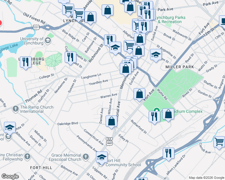 map of restaurants, bars, coffee shops, grocery stores, and more near 115 Westover Boulevard in Lynchburg