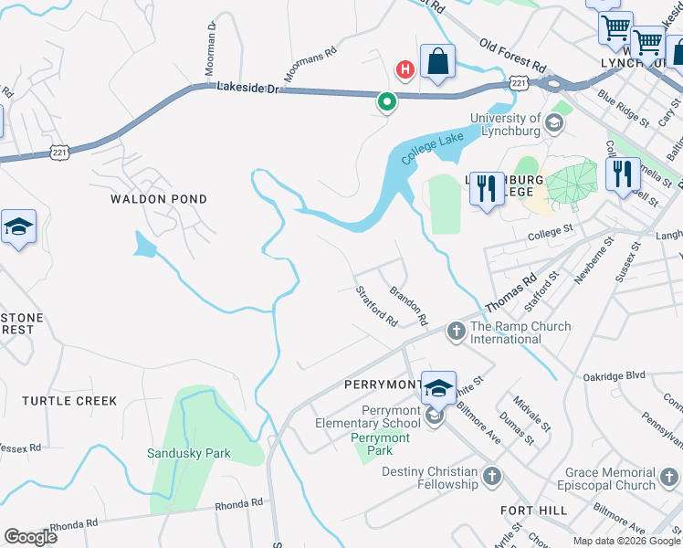 map of restaurants, bars, coffee shops, grocery stores, and more near 1203 Stratford Road in Lynchburg