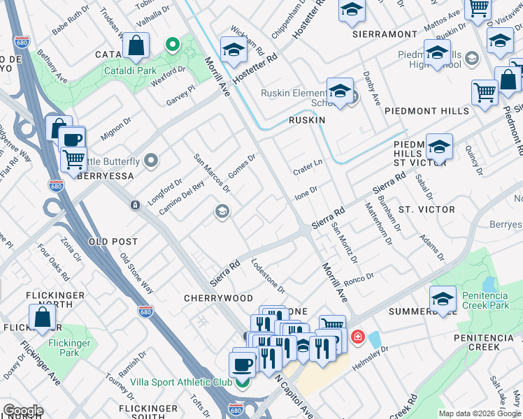 map of restaurants, bars, coffee shops, grocery stores, and more near 2716 Somerset Park Circle in San Jose