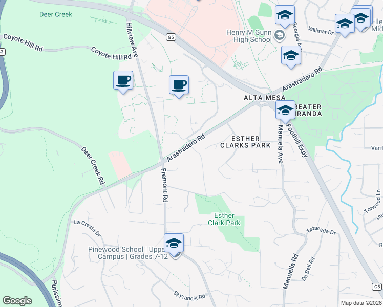 map of restaurants, bars, coffee shops, grocery stores, and more near 4100 Old Adobe Road in Palo Alto