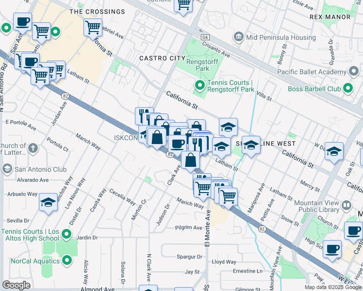 map of restaurants, bars, coffee shops, grocery stores, and more near 1969 Latham Street in Mountain View
