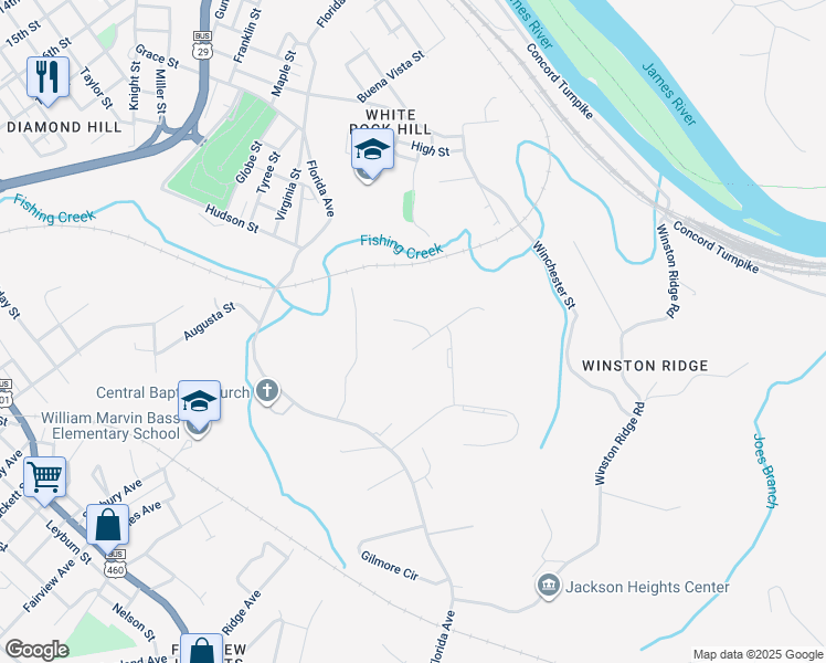 map of restaurants, bars, coffee shops, grocery stores, and more near 303 Harmony Court in Lynchburg