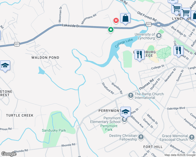 map of restaurants, bars, coffee shops, grocery stores, and more near 1203 Stratford Road in Lynchburg