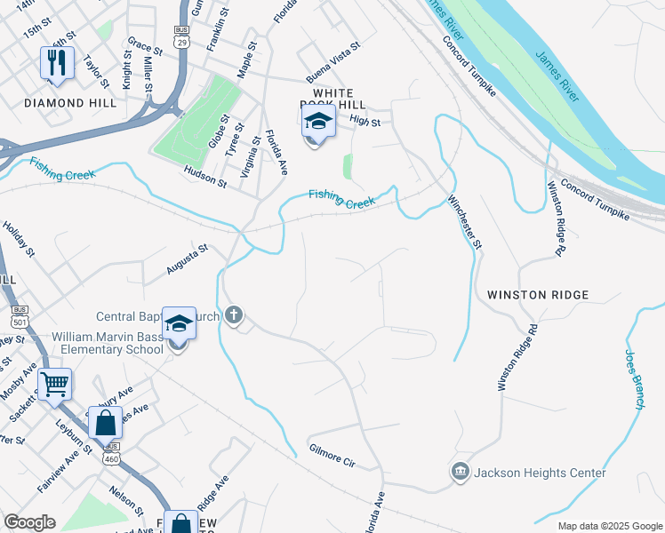 map of restaurants, bars, coffee shops, grocery stores, and more near 309 Harmony Court in Lynchburg