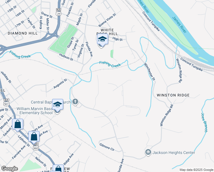 map of restaurants, bars, coffee shops, grocery stores, and more near 309 Harmony Court in Lynchburg