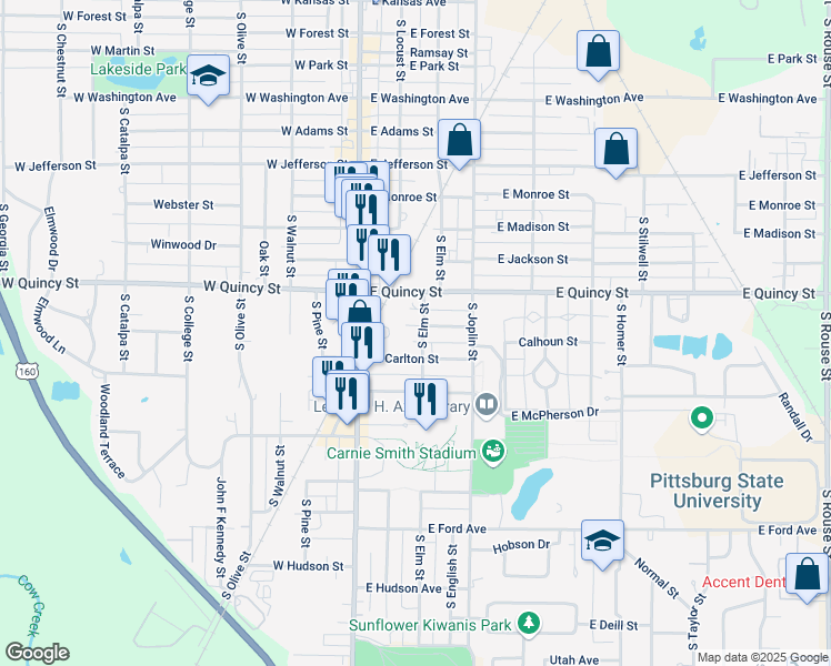 map of restaurants, bars, coffee shops, grocery stores, and more near 1404 South Elm Street in Pittsburg