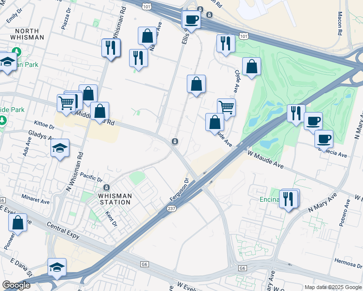map of restaurants, bars, coffee shops, grocery stores, and more near 590 East Middlefield Road in Mountain View